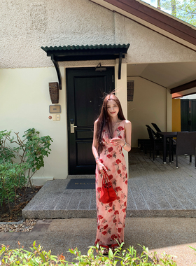NanaByNana【清迈花季】红色玫瑰碎花连衣裙女春夏海边度假长裙子