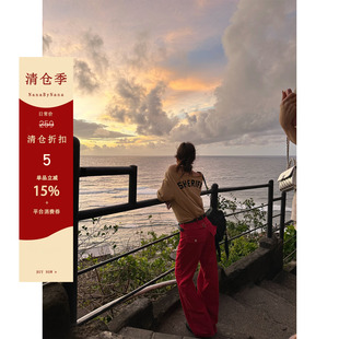 【5折粉丝福利】复古斜纹红色休闲裤女春季直筒微喇长裤