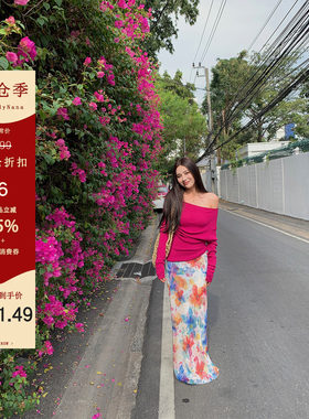 【清仓6折粉丝福利】双层印花半身裙女早春开叉雪纺修身长裙