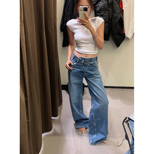 NanaByNana 重工水洗牛仔褲 女夏斜門襟設計直筒闊腿褲 解構slay