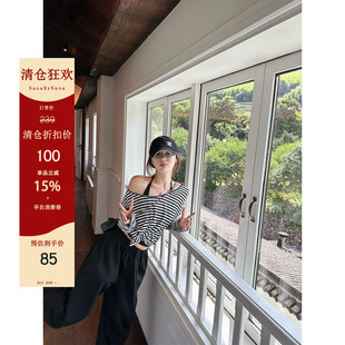 【清仓3折粉丝福利】黑白条纹长袖t恤女夏季内搭挂脖背心套装