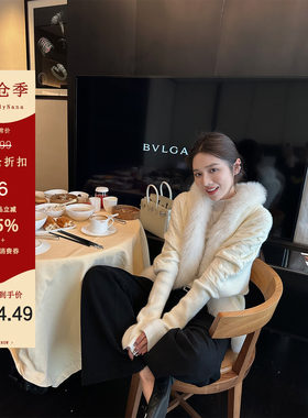 【清仓6折粉丝福利】拼接狐狸毛毛衣女秋季慵懒蝙蝠袖针织开衫