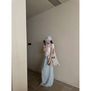 NanaByNana【舒适主义】轻氧冰蓝天丝亚麻半身裙女夏直筒长裙