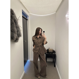 NanaByNana【勒斯街区】棕咖色亚麻衬衫女春秋工装休闲阔腿裤