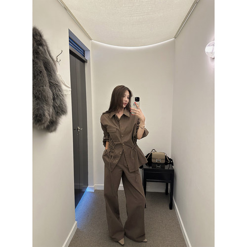 NanaByNana【勒斯街区】棕咖色亚麻衬衫女春秋工装休闲阔腿裤