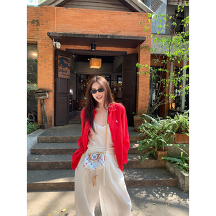 NanaByNana【丹麦夏日】红色亚麻衬衫女春夏防晒休闲长袖衬衣外套