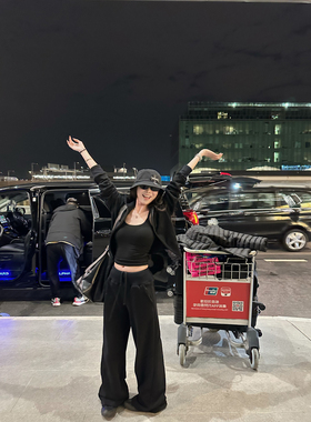 NanaByNana【A1O私服】黑色休闲卫衣套装女春季运动阔腿裤两件套