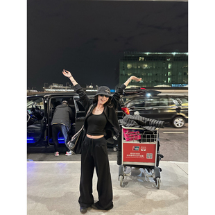 运动阔腿裤 NanaByNana 女春季 黑色休闲卫衣套装 两件套 A1O私服