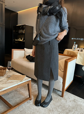 NanaByNana【都柏林冬日】羊毛毛呢半身裙女冬设计感开叉包臀中裙