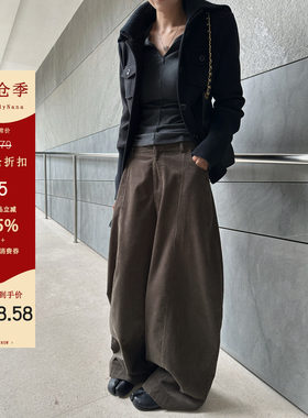 【清仓5折粉丝福利】棕色灯芯绒弯刀裤女春秋阔腿分割休闲裤