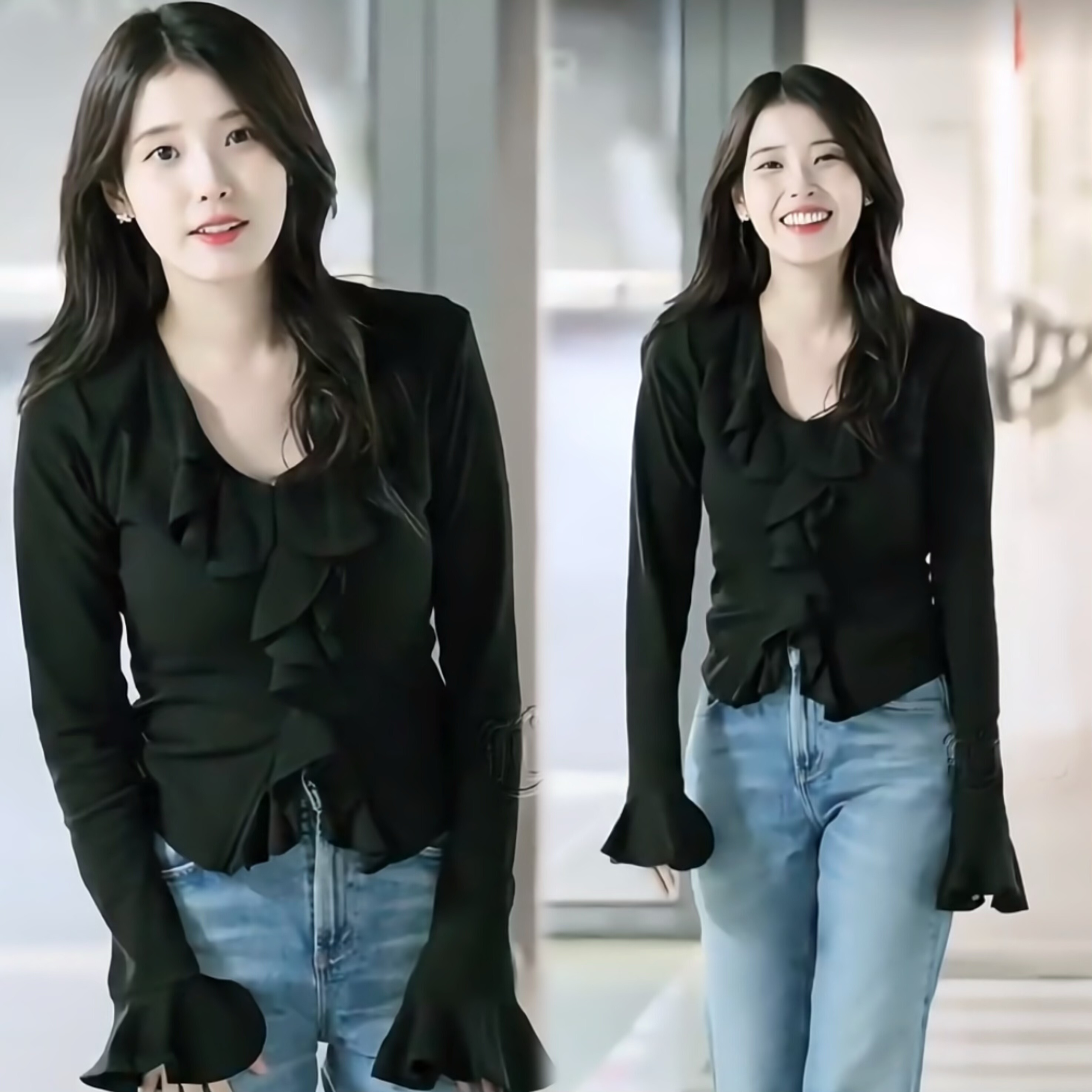 IU李知恩同款法式优雅黑色荷叶边V领针织长袖气质修身百搭上衣女