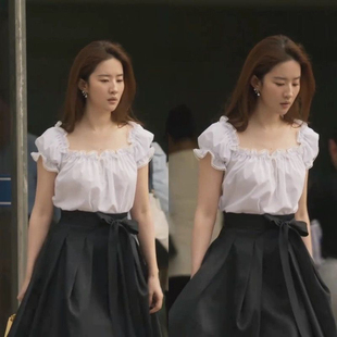 女法式 玫瑰 衬衫 白色蕾丝花边短袖 气质上衣 故事刘亦菲黄亦玫同款