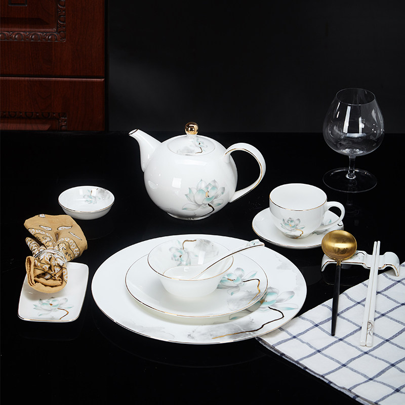 新中式餐具摆台套装陶瓷碗碟盘勺定制餐厅会所中国风金枝荷花碗盘