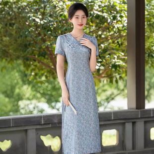 夏季薄款短袖中长款低领旗袍女新中式国风奥黛改良连衣裙日常提花