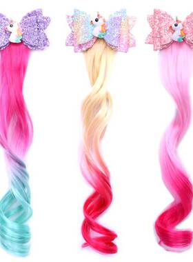 欧美儿童独角兽彩色卷发渐变色假发蝴蝶结顶发夹宝宝翅膀公主发饰