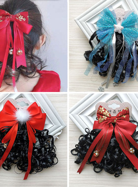 儿童假发头饰品女孩大卷发马尾夹可爱蝴蝶结发夹飘带发饰公主造型