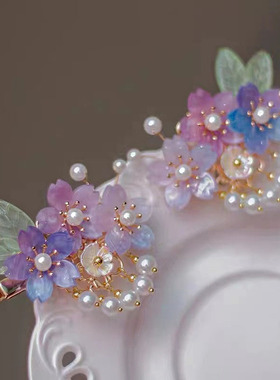 儿童汉服头饰品可爱少女渐变樱花发饰女童对夹珍珠流苏花朵发夹