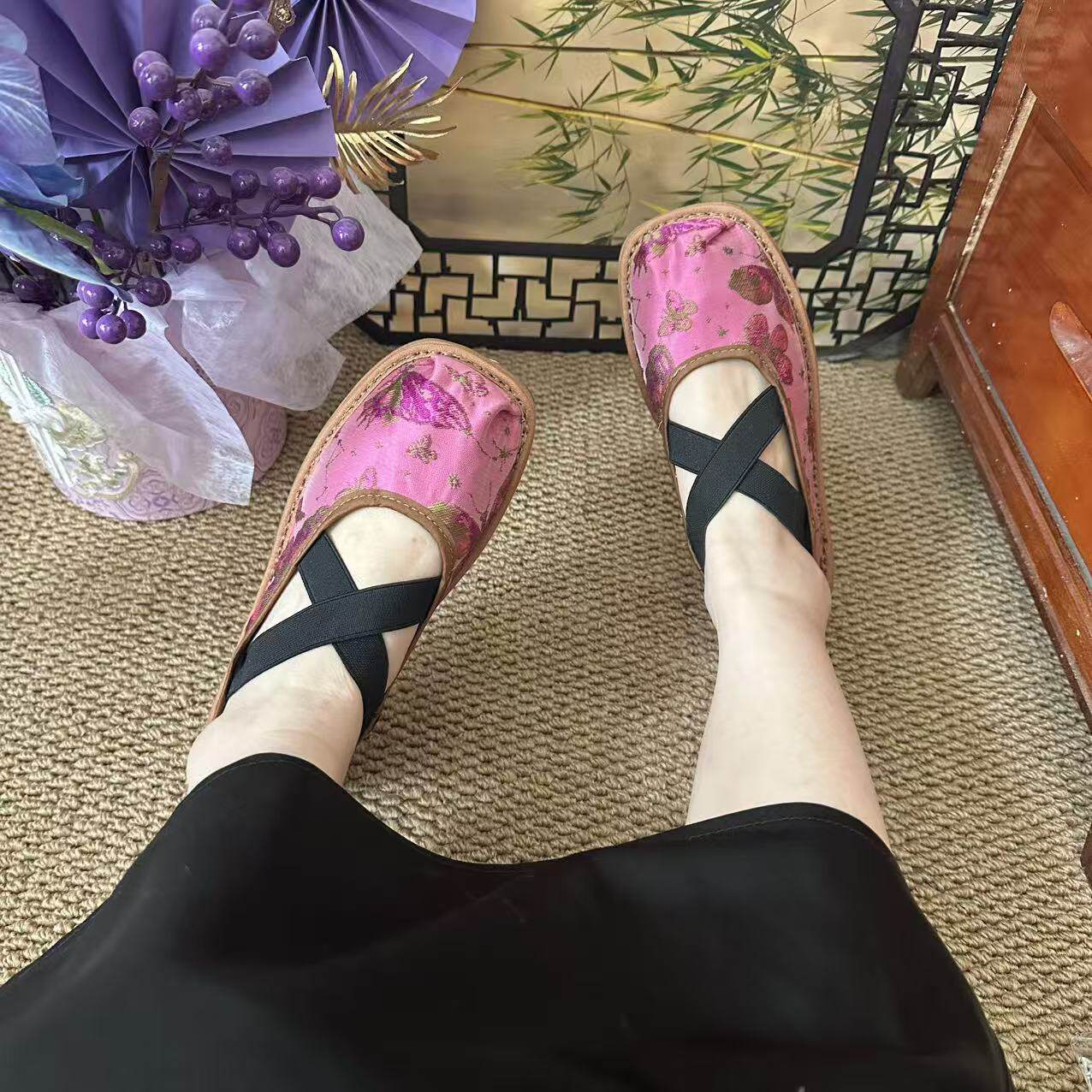 新款千层底布鞋国潮养脚一脚蹬单鞋新中式民族风交叉带女鞋