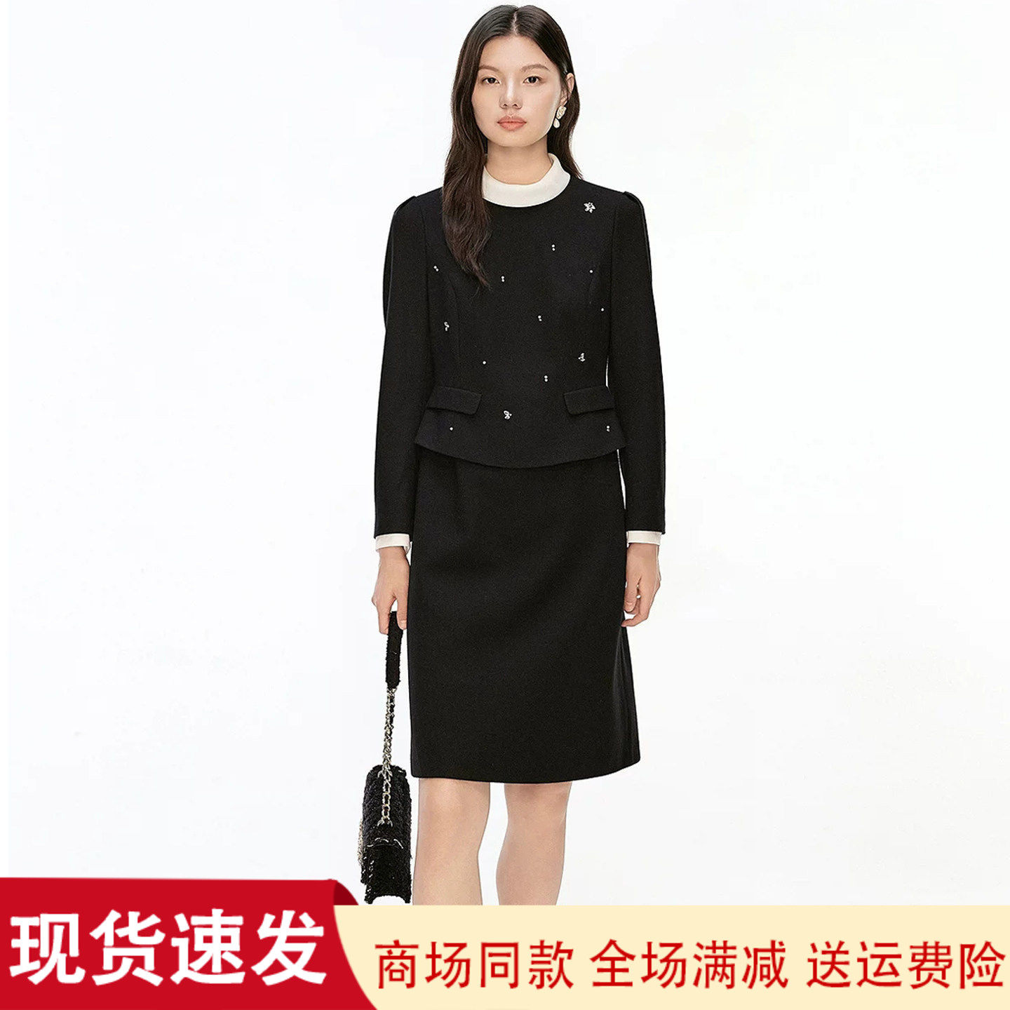 珂莱商场同款2026春冬季新款圆领假两件收腰显瘦毛呢子连衣裙子女