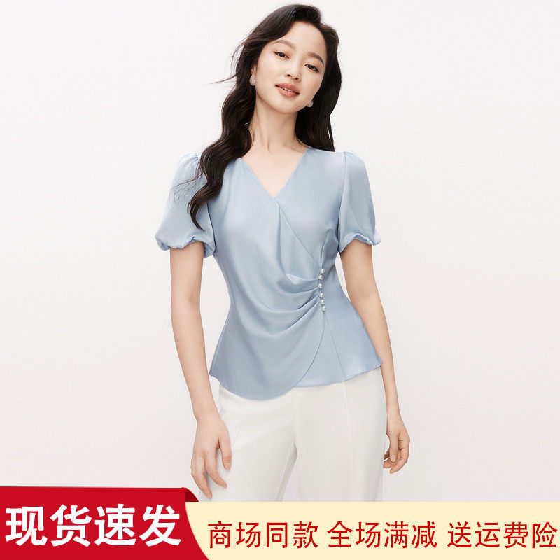 夏季新款V领短袖修身显瘦衬衫衣