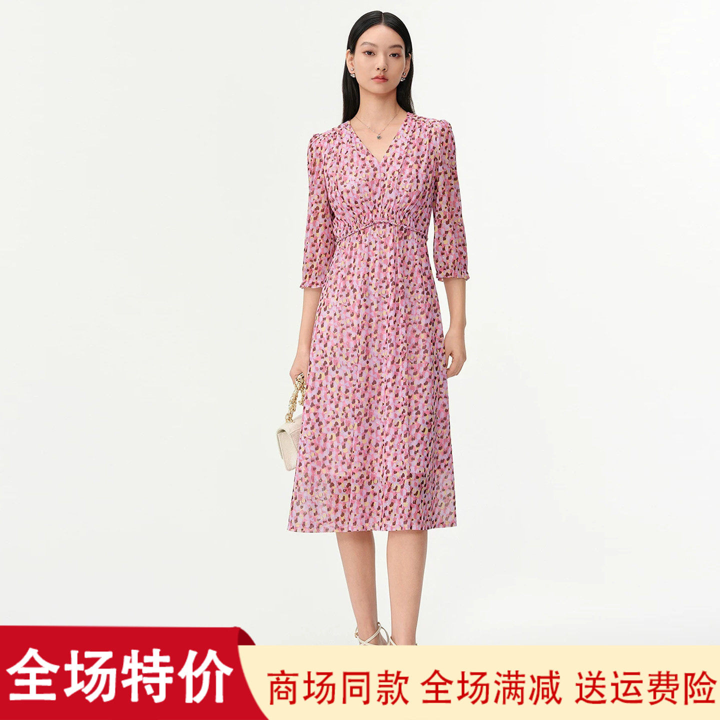 珂莱商场同款2026春夏季新款印花珠钻高腰修身显瘦网纱连衣裙子女