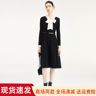 羊毛呢连衣裙子女装 珂莱商场同款 拼接飘带领中长款 新款 2025秋冬季