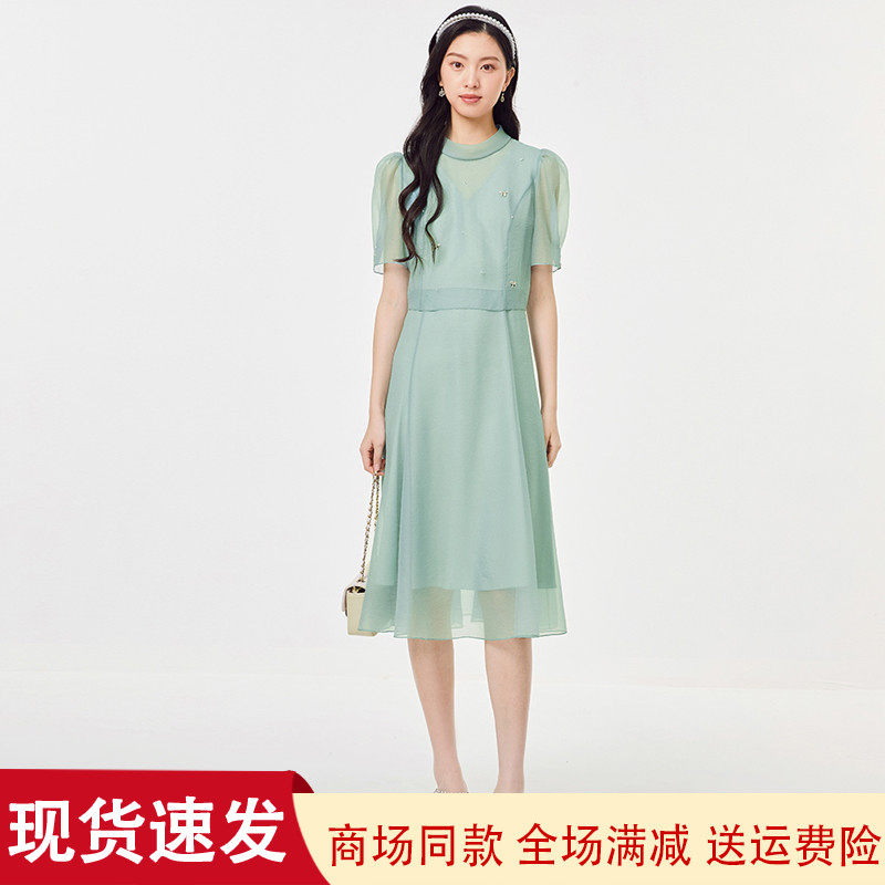 夏季圆领短袖中长款连衣裙子女装