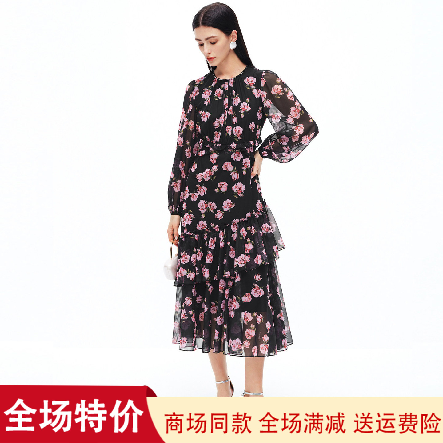 珂家商场同款度假印花连衣裙子女