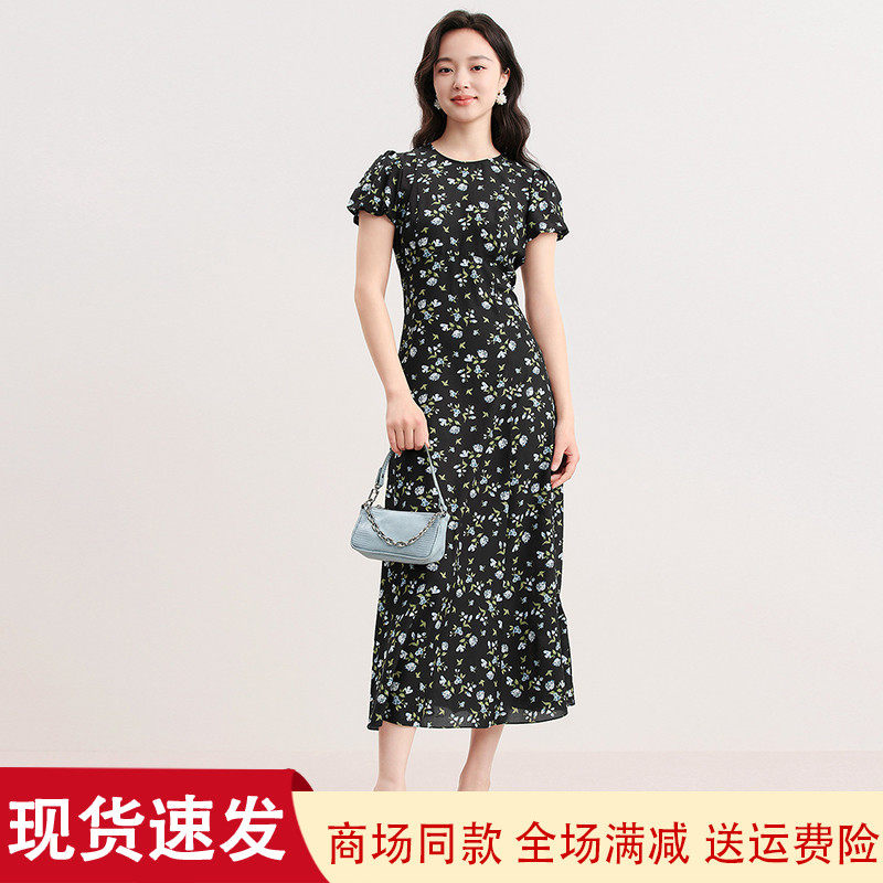 夏季圆领短袖黑色碎花连衣裙子女