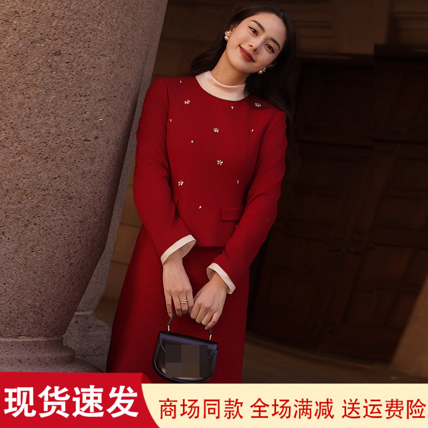 春冬季圆领假两件毛呢子连衣裙女