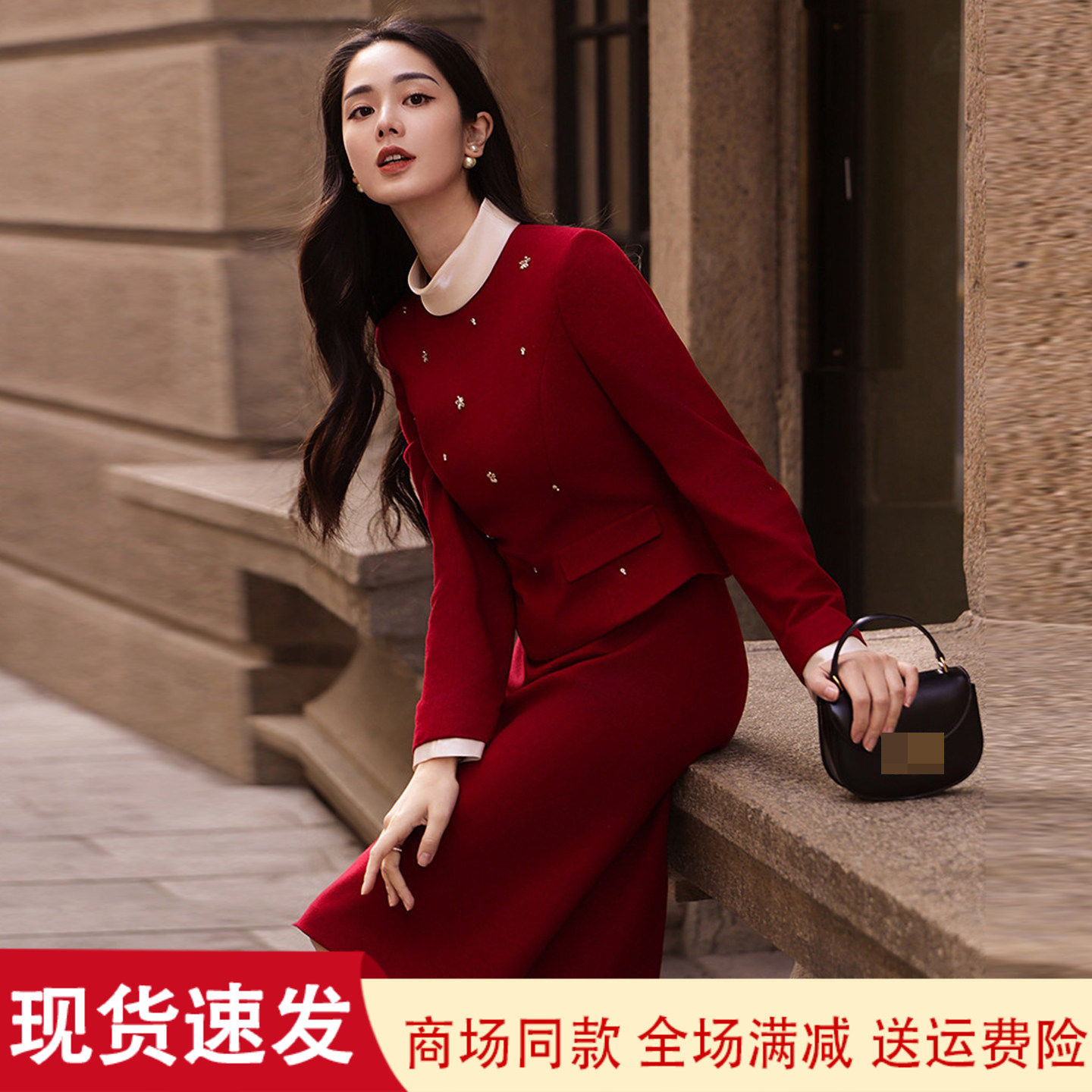 春冬季圆领假两件毛呢子连衣裙女