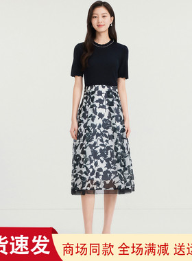 珂莱商场同款2025夏季新款圆领短袖针织拼接印花连衣裙 KF12324Q7