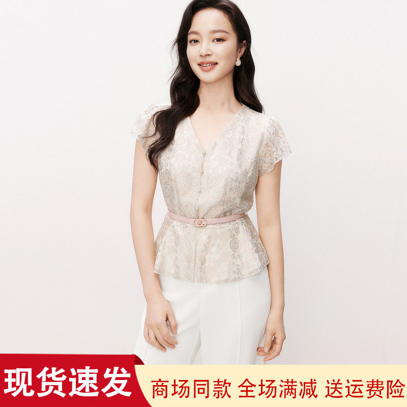 夏季白色V领短袖蕾丝衬衫上衣女