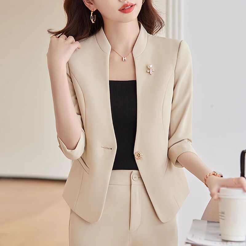 杏色小西装外套女七分袖夏季薄款短款小个子气质修身职业西服套装