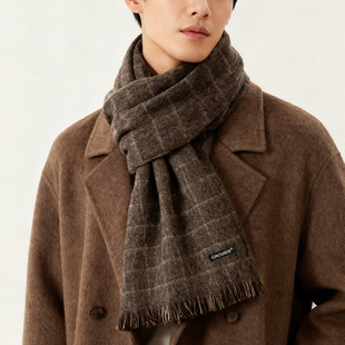 秋冬款围巾男韩版简约百搭格纹撞色围脖纯羊毛保暖防寒大尺寸披肩