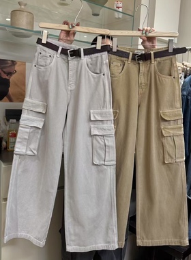 Leaves美式配腰带工装牛仔裤女学院休闲百搭显瘦显高复古休闲裤子