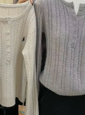 Leaves软糯亲肤麻花刺绣针织衫女韩版气质圆领套头半纽扣长袖上衣