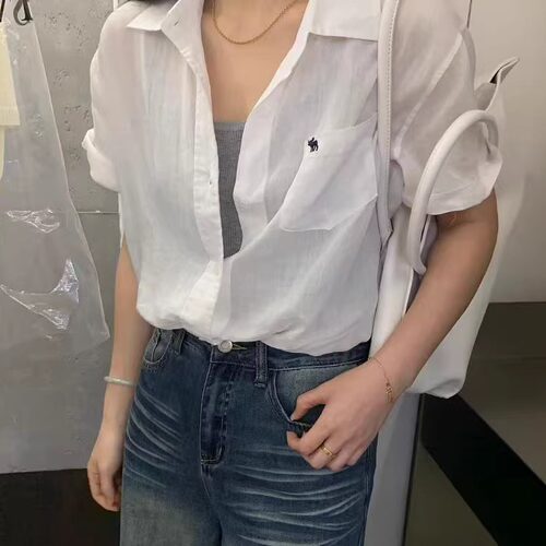 夏季苎麻刺绣宽松薄款短袖女衬衫