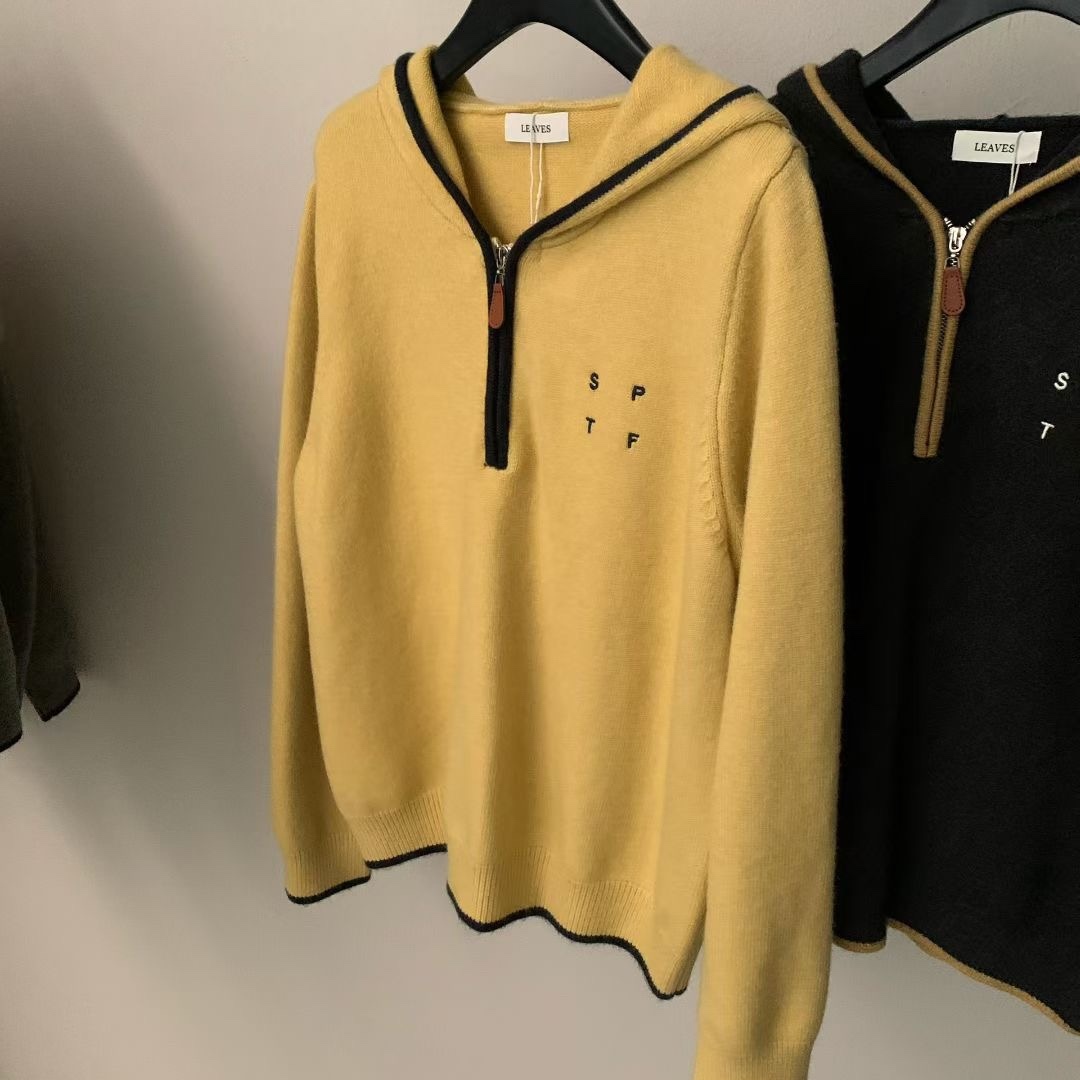 Leaves撞色连帽半拉链刺绣针织衫