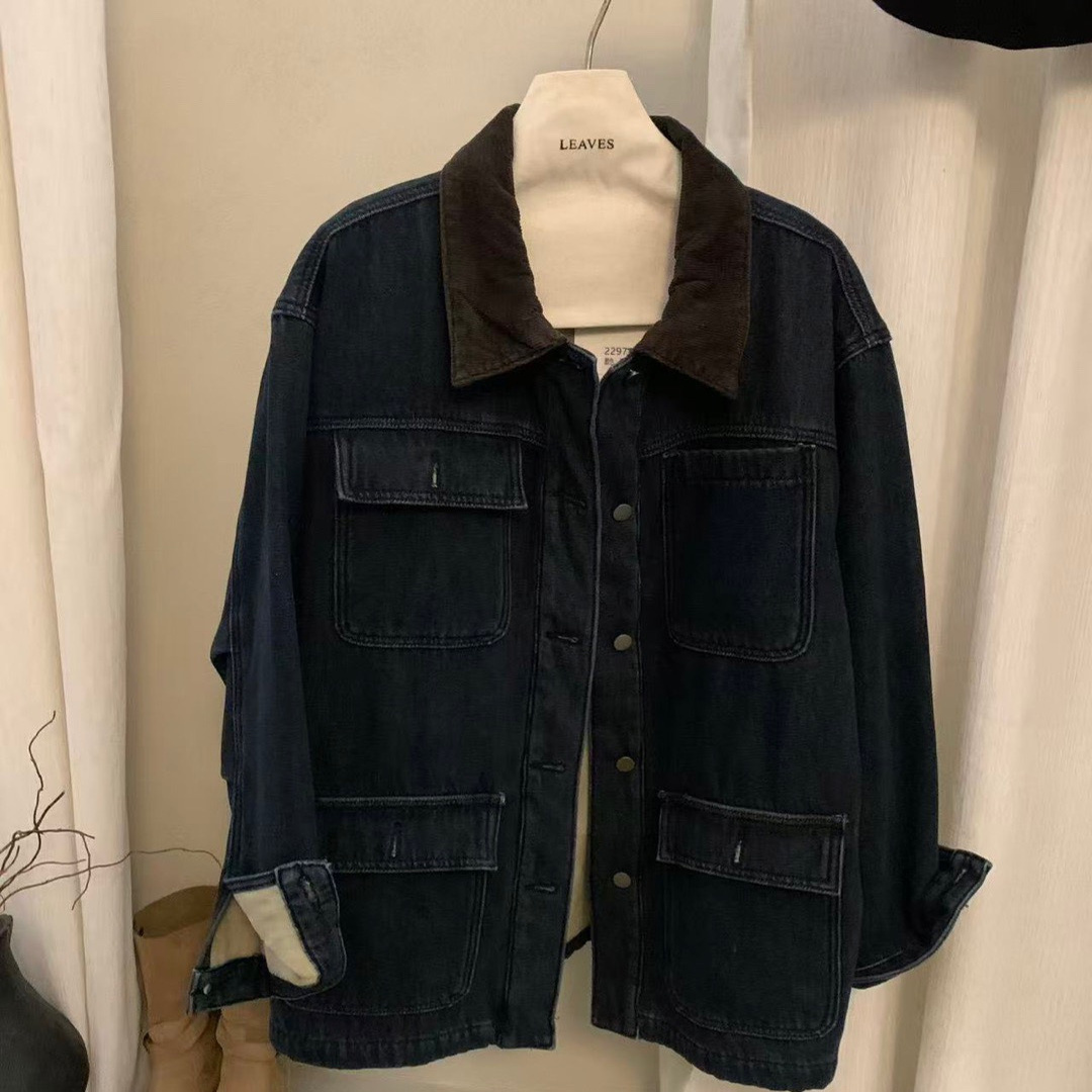 Leaves美式复古工装牛仔加绒外套