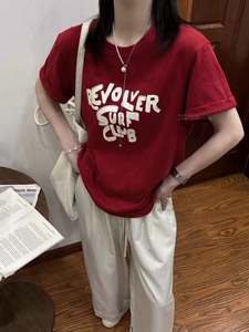LEVEL趣味字母磨毛T恤女秋冬季新款减龄百搭撞色印花圆领短袖上衣