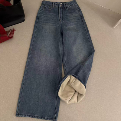 Leaves复合绒高腰显瘦直筒牛仔裤