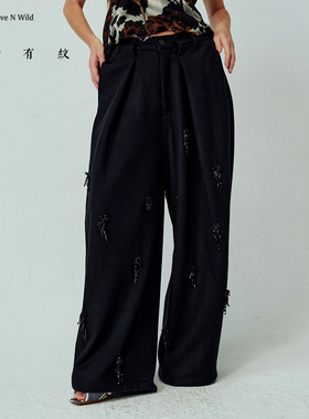 circulation小众设计师品牌黑色手工钉珠流苏羊毛松紧阔腿裤