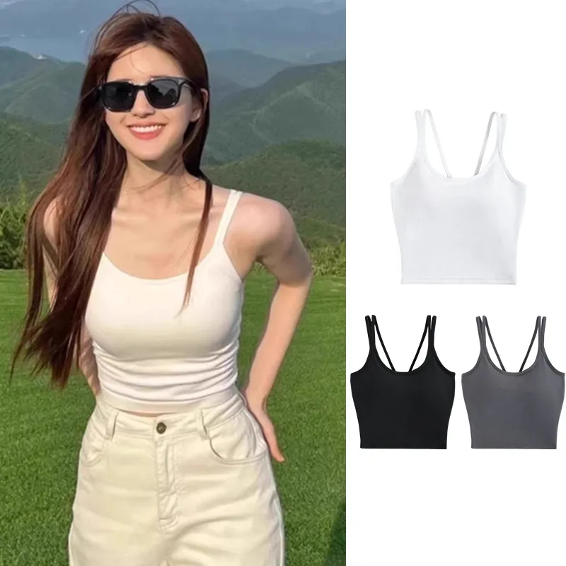 白色吊带带胸垫一体式背心2025新款女美背甜美文胸内搭短款内衣女