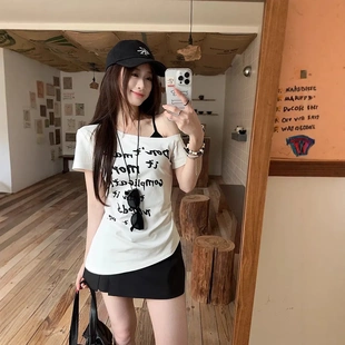 美式 T恤女2025夏季 設(shè)計感修身 收腰露肩上衣 辣妹字母印花斜肩短袖