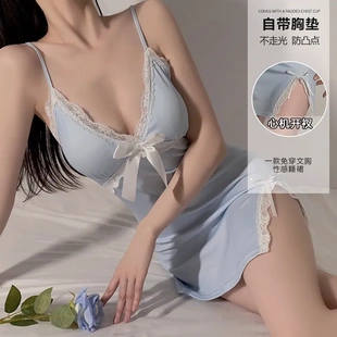 大码 新款 内衣诱惑性感侧开衩女印花加胸垫吊带睡裙家居服