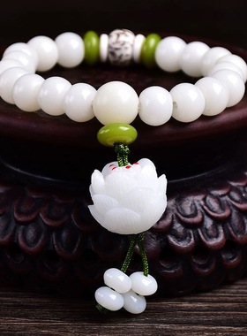 白玉菩提子莲花手持手链油脂面手串佛珠学生念珠女款饰品原创男