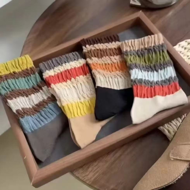 女士秋冬堆堆袜长袜条纹彩虹复古韩系ins风慵懒风日常休闲穿搭