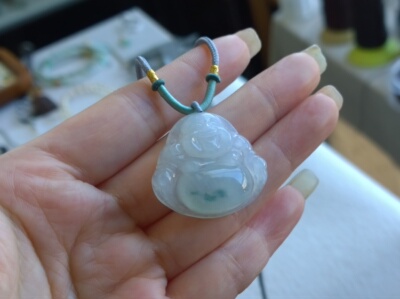 天然a货缅甸玉翡翠吊坠冰胶飘花佛 佛公18k金扣