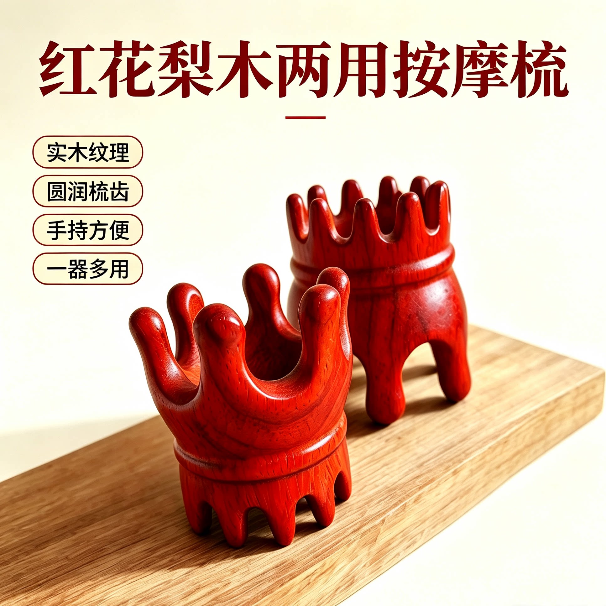 实木双头按摩梳多功能头皮经络梳圆齿头疗梳家用肩颈四肢养生工具